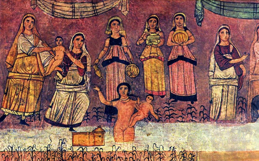 Anónimo, Moisés en el río (año 243). Detalle del fresco de la sinagoga. Dura Europos, Siria.